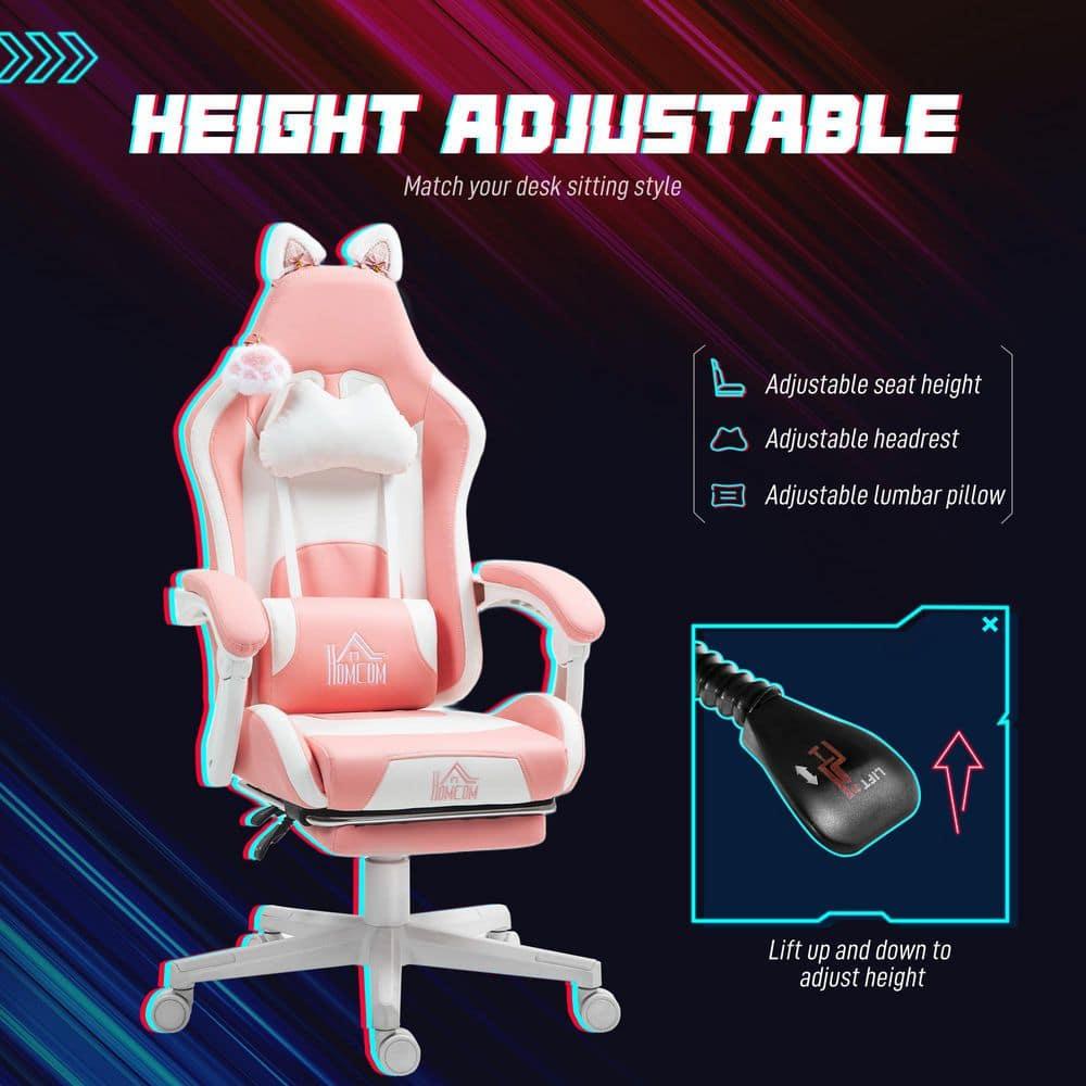 HOMCOM Cute Gaming Chair, Reclining Computer Chair with Footrest, Headrest, Lumbar Support, Height Adjustable Faux Leather Swivel Gamer Chair, Pink