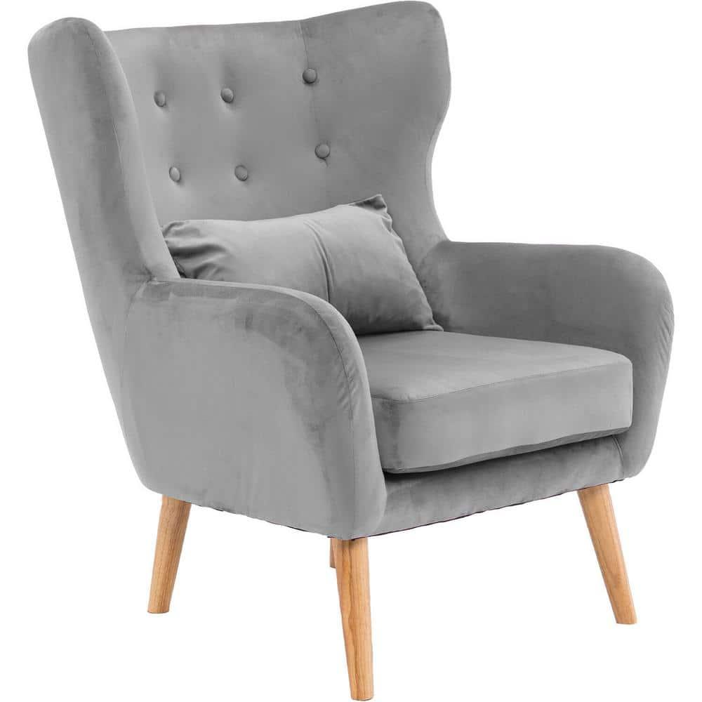 Critter Sitters Kids Wingback Accent Chair with Lumbar Pillow Faux Velvet with Wooden Legs, Gray