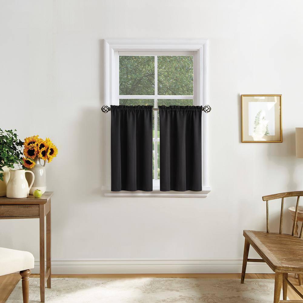Black Polyester Light-Filtering Rod Pocket Kitchen Tier Curtains