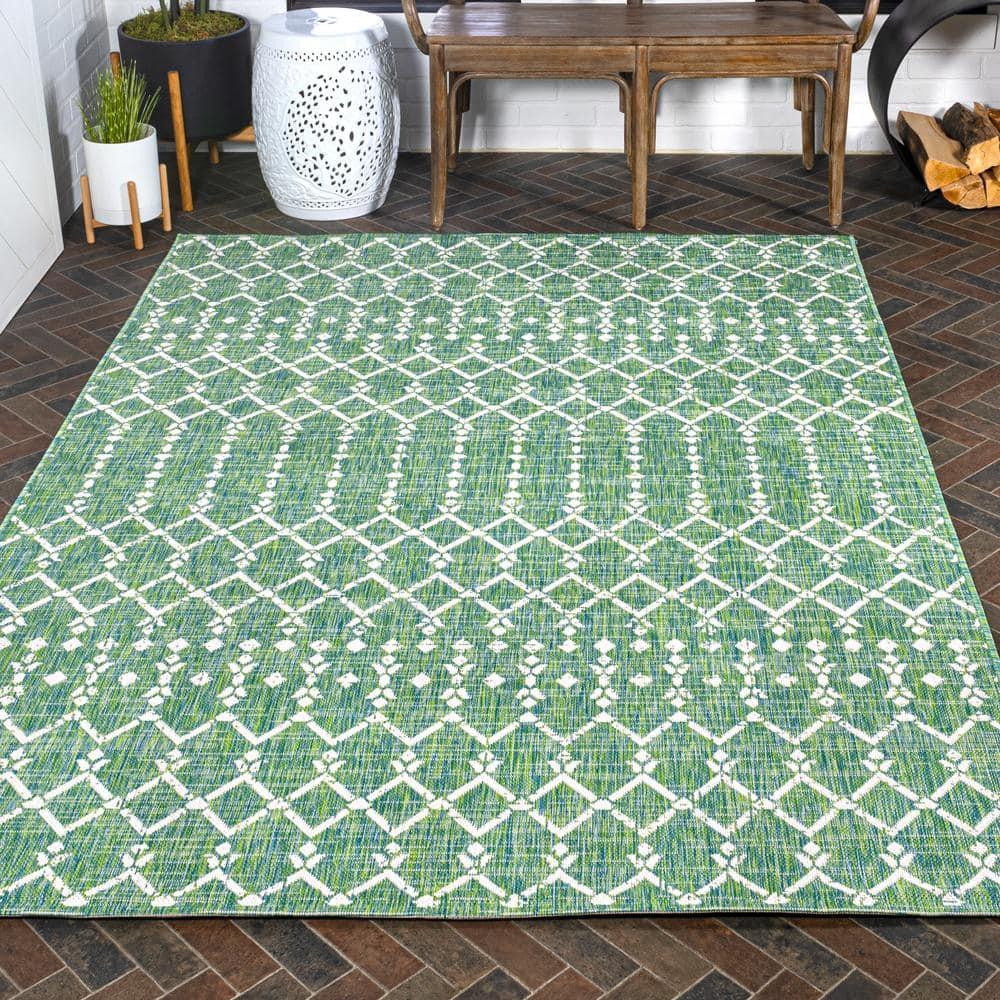 3' x 5' Ourika Moroccan Geometric Textured Weave Indoor/Outdoor Area Rug, Green/Cream - JONATHAN Y
