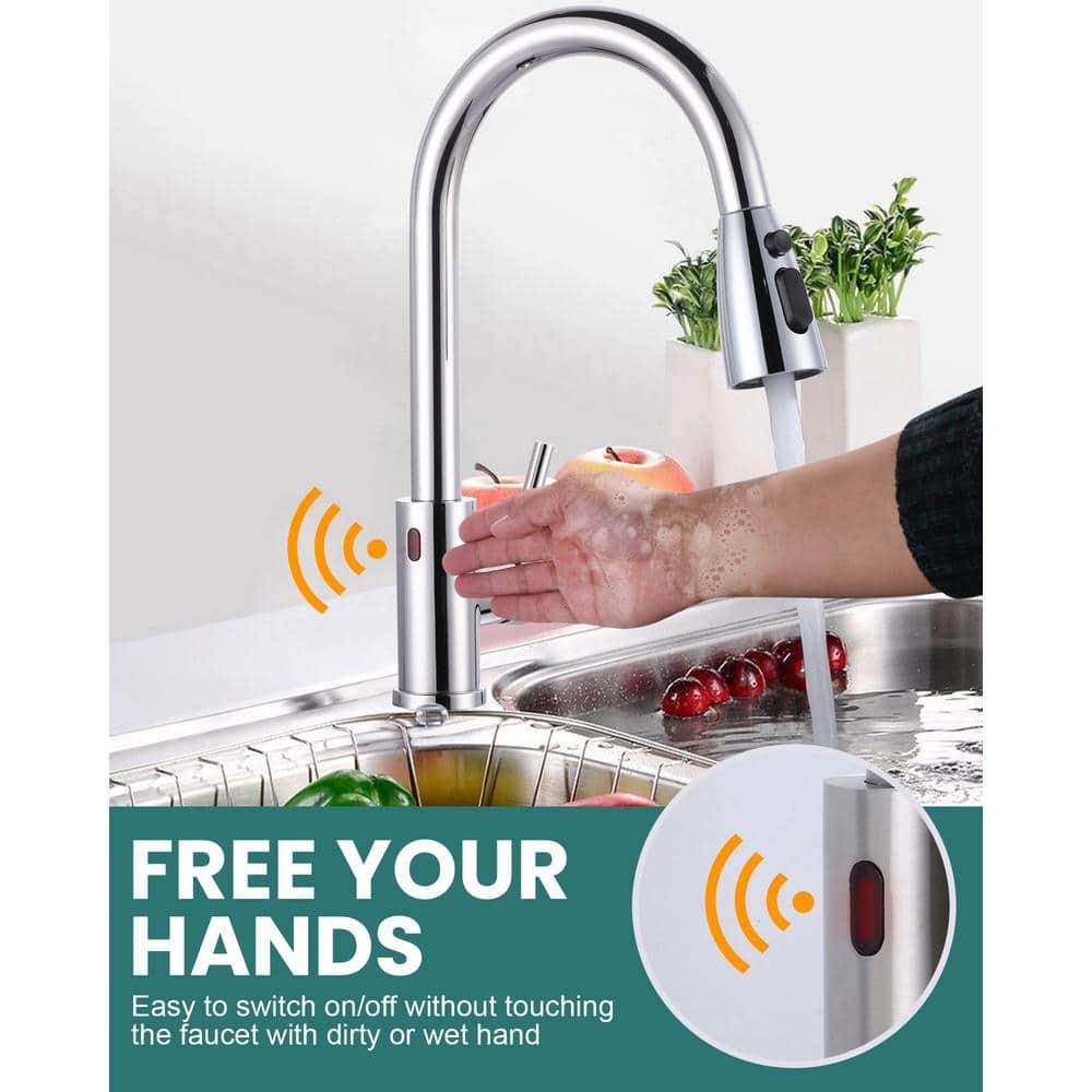 Touchless Kitchen Faucet Stainless Steel: WOWOW Smart Motion Sensor Kitchen Sink Faucet with Sprayer, Automatic Hand-Free Polished Chrome Kitchen Faucet for Sink 1 or 3 Hole
