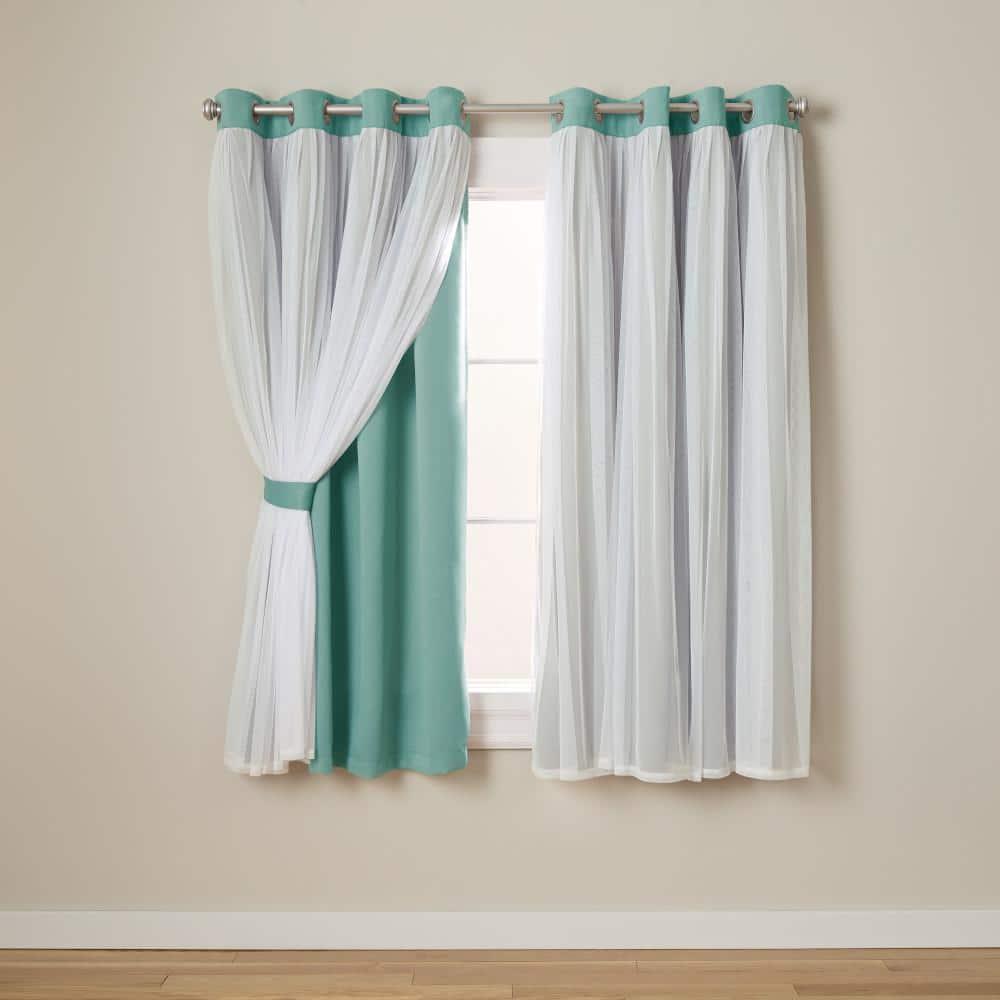 Set of 2 (63"x52") Caterina Layered Solid Blackout with Sheer Top Curtain Panels Blue Blue - Exclusive Home