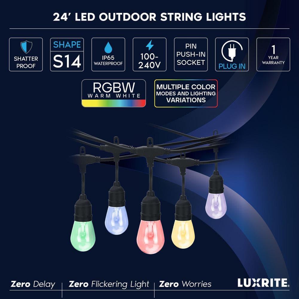 Luxrite 24FT LED RGBW Outdoor String Lights, Remote Control Color Changing Cafe Lights, Commercial Grade Waterproof, 12 Edison S14 Shatterproof Bulbs, IP65, Dimmable Outside Hanging Lights for Patio