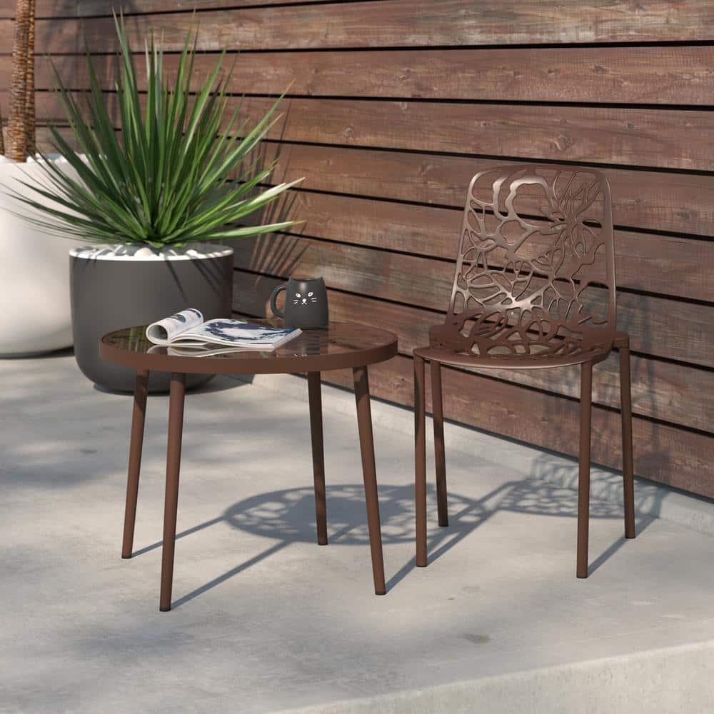LeisureMod Devon Modern Aluminum Outdoor Stackable Dining Chair, Brown