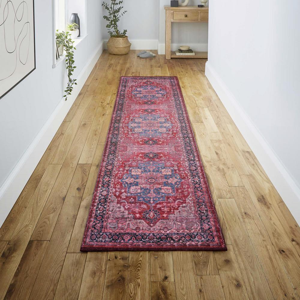 Maris Ornate Medallion Machine-Washable Red/Black/Blue 2 ft. x 8 ft. Runner Rug - JONATHAN Y