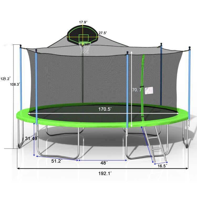 16 ft Blue Round Trampoline with Basketball Hoop and Safety Enclosure