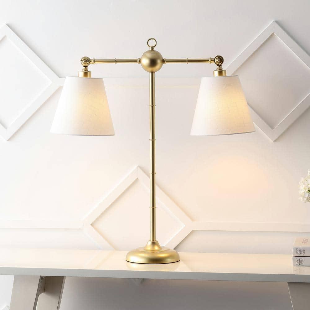 Gold Adjustable Dual White Shade Library Table Lamp