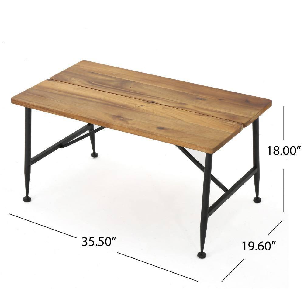Benjara Cala Outdoor Coffee Table, 36 Inch Brown Acacia Wood, Black Metal