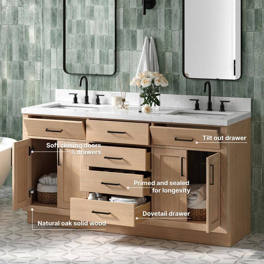 Tidworth 66'' Solid Wood Double Bathroom Vanity with 1.5'' Carrara Quartz Top, Rectangular Sinks