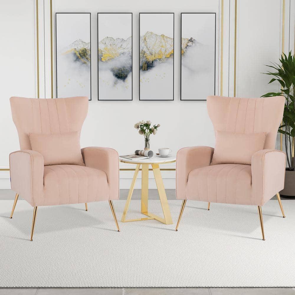 Kepooman Accent Chair, Modern Sofa Chair, Wingback Club Chairs,Velvet Upholstered Wingback Chair with Lumbar Pillow and Golden Metal Legs-Pink
