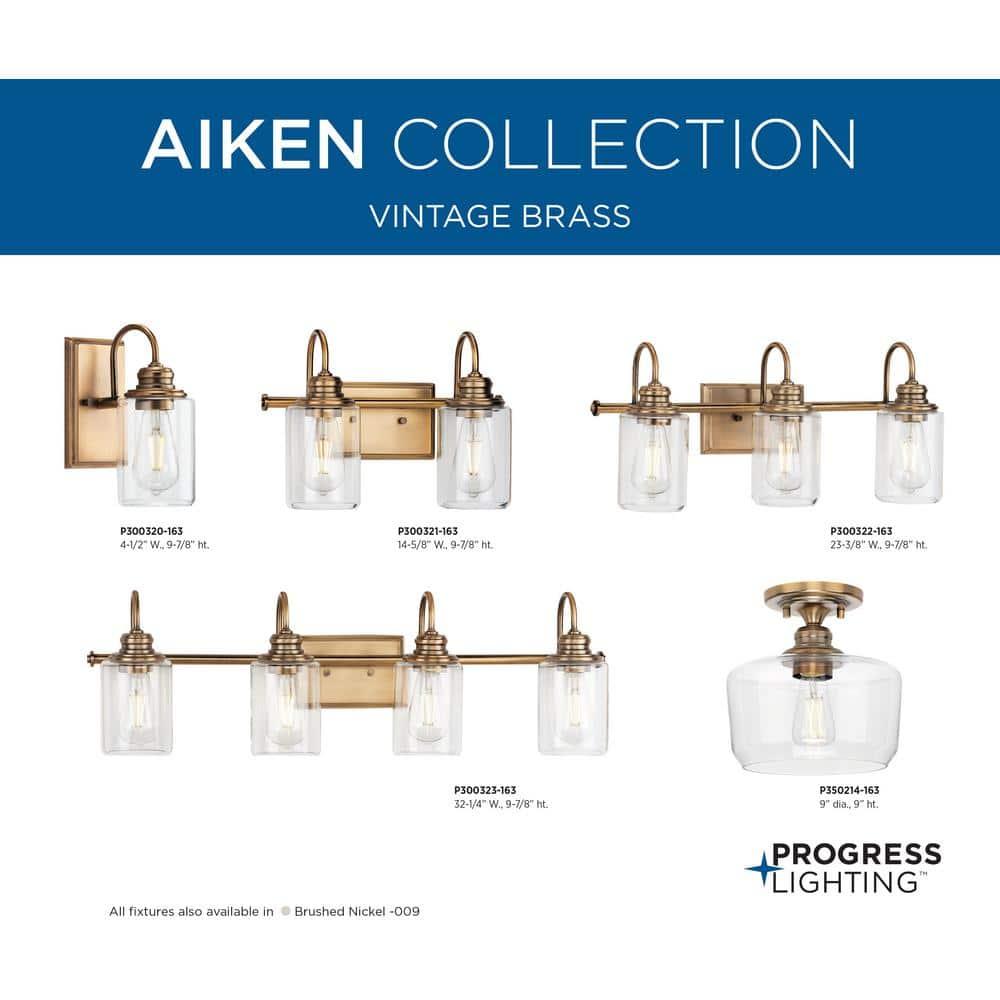 Progress Lighting Aiken 4-Light Bath Vanity Light, Vintage Brass, Clear Glass Shade
