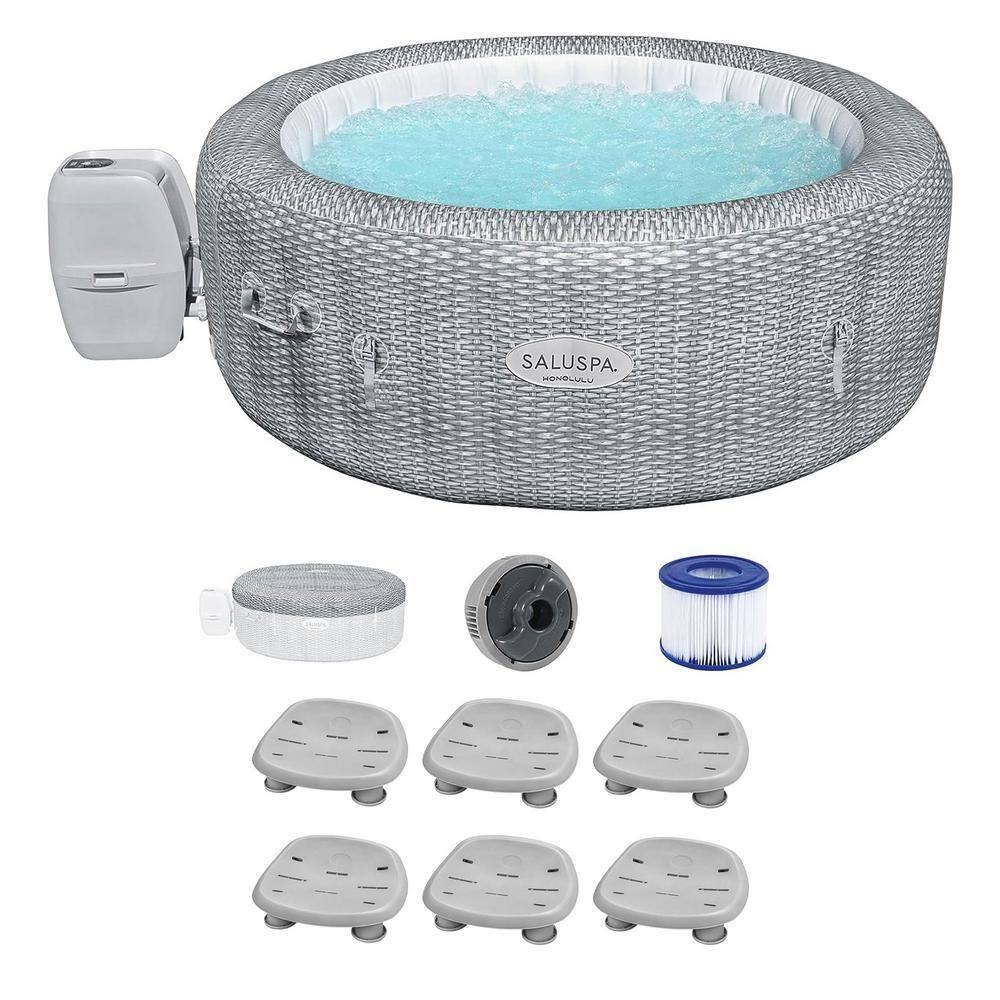 Bestway SaluSpa Honolulu AirJet Inflatable Hot Tub with 140 Soothing Jets with 6 Pack SaluSpa Underwater Non Slip Pool & Spa Seat with Adjustable Legs