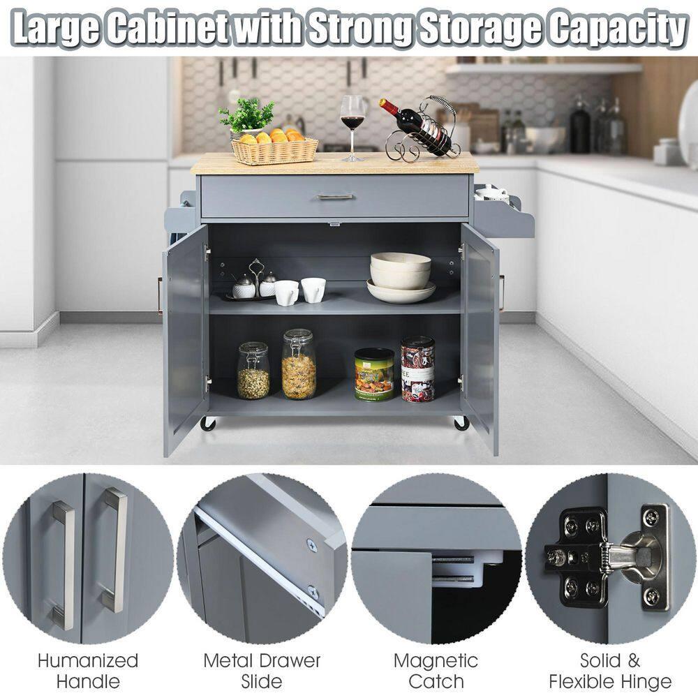 Costway Kitchen Island 44" Rolling Kitchen Cart with Drawer Adjustable Shelf Spice Rack Gray