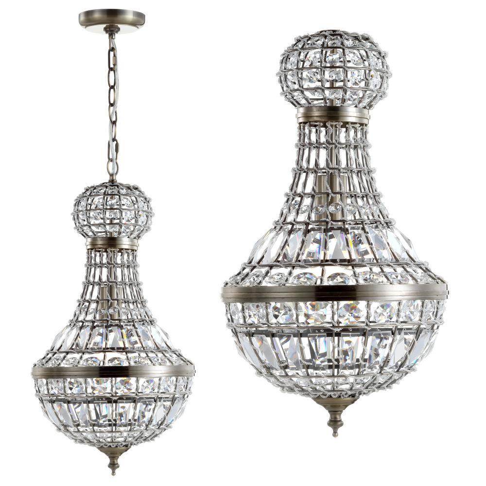 Regina 10" Crystal/Metal Empire LED Pendant, Antique Brass