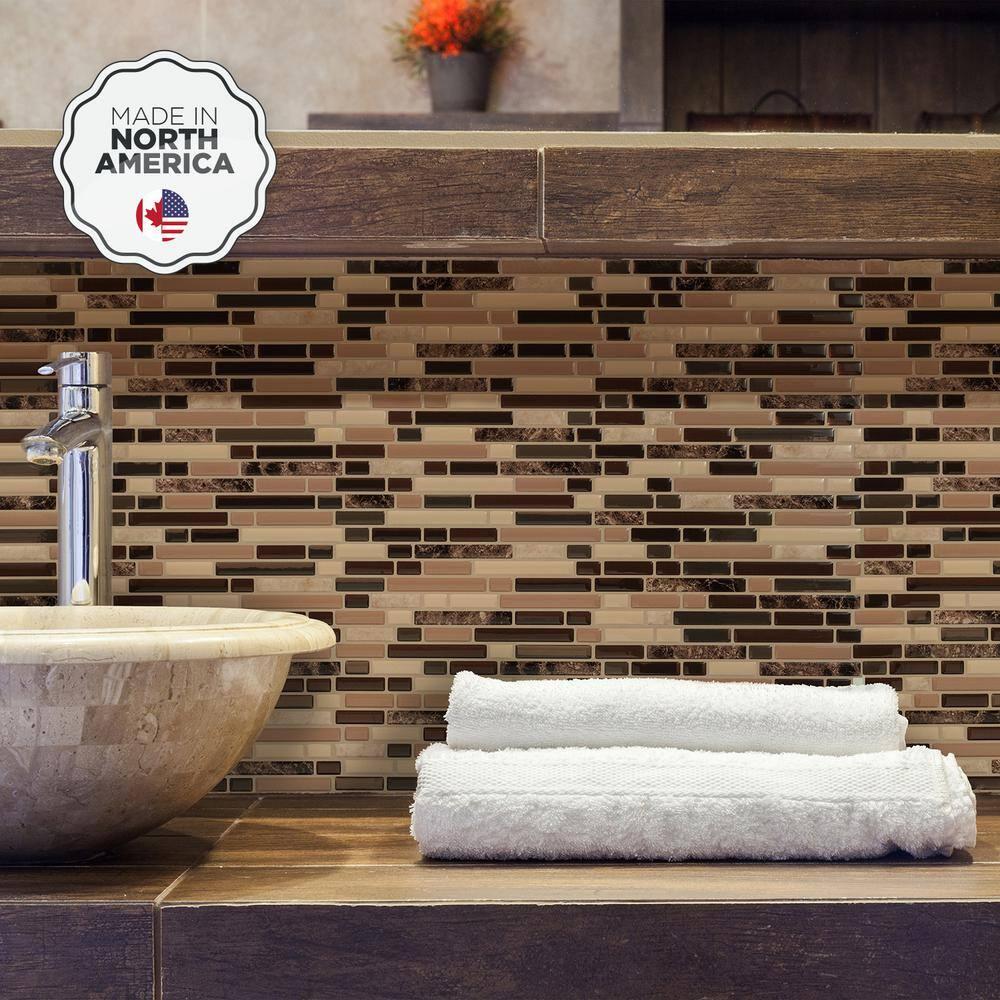 Smart Tiles 10.06''x10'' Self Adhesive 3D Peel and Stick Backsplash Tiles Brown: Vinyl Kitchen Decor Stick On Backsplash
