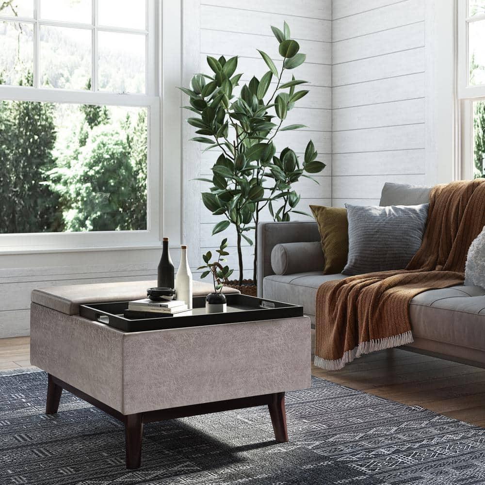 Simpli Home Owen 34"W Small Upholstered Coffee Table Storage Ottoman with Flip-Over Tray Top and Solid Wood Legs