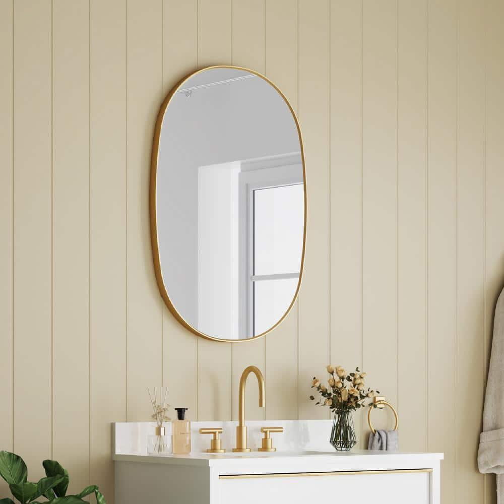 24x36 inch Oval Mirror, Brushed Gold Oval Wall Mirror, Metal Frame Pill Mirror, Gold Bathroom Mirrors for Over Sink, Entryway, Bedroom, Living Room(Horizontally or Vertically)
