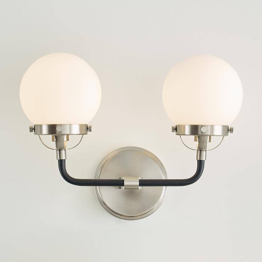 Cafe 14 in. W 2-Light Brushed Nickel Vanity Light with Etched/White Glass Shades and Matte Black Frame Accents