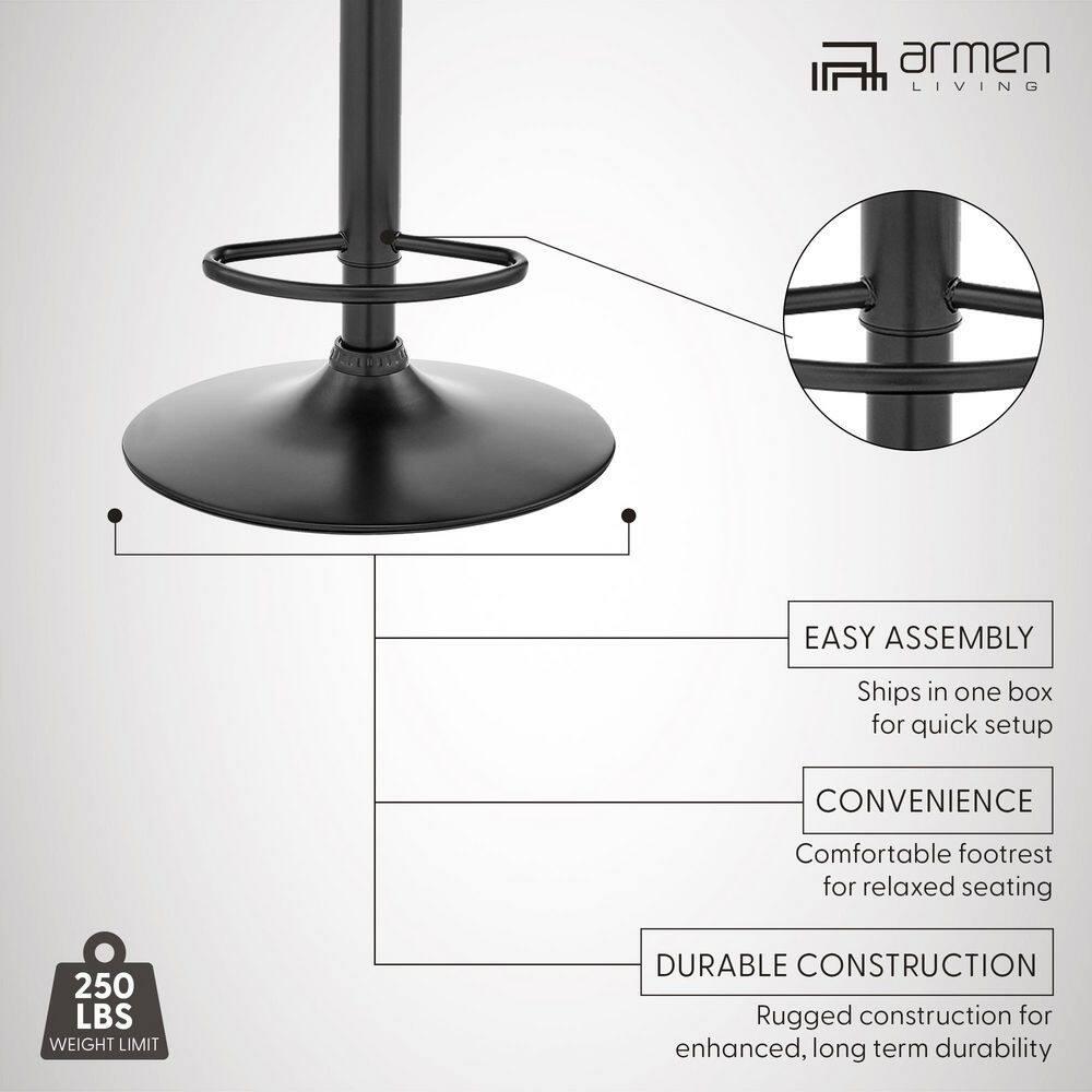Bardot Adjustable Barstool with Faux Leather and Metal Finish Black - Armen Living: Swivel, Hydraulic Lift, 360-Degree Function