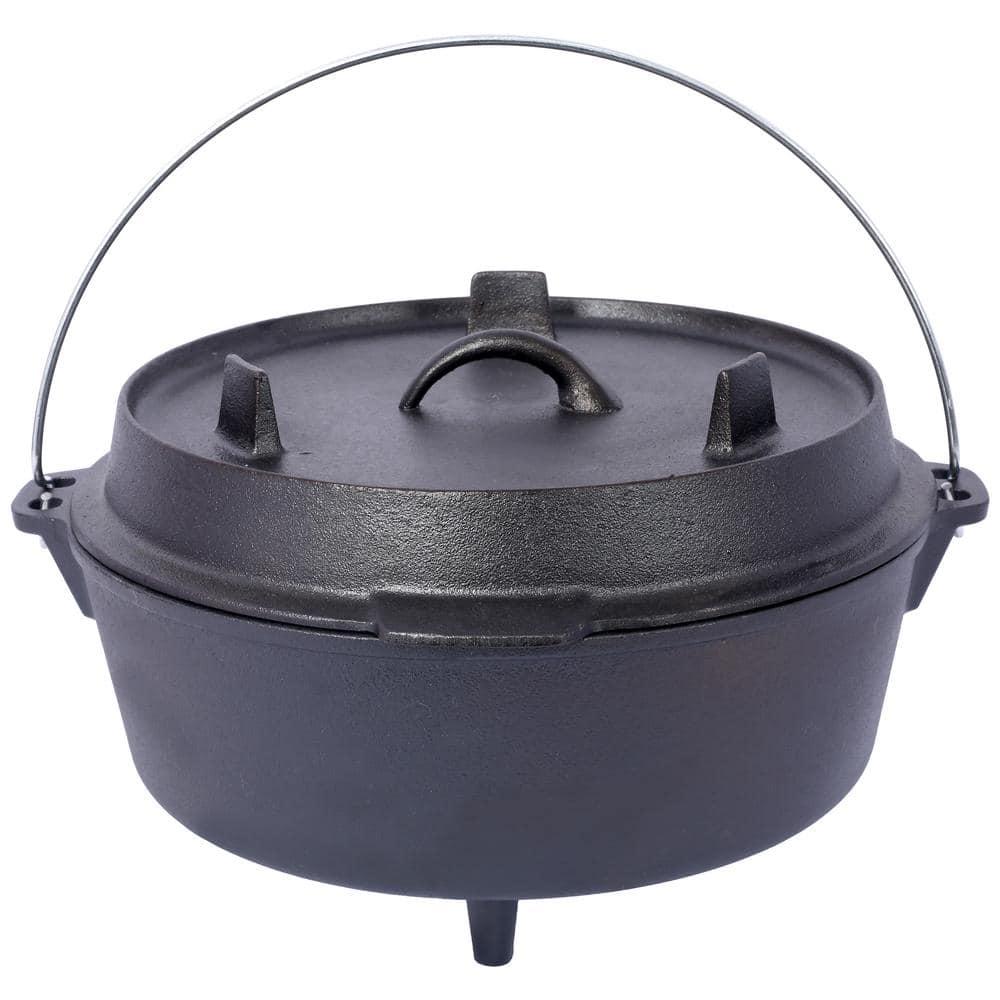 6 qt. Round Pre-Seasoned Cast Iron Dutch Oven in Black with Skillet Lid and Leg Base for Camping Fireplace Cooking BBQ