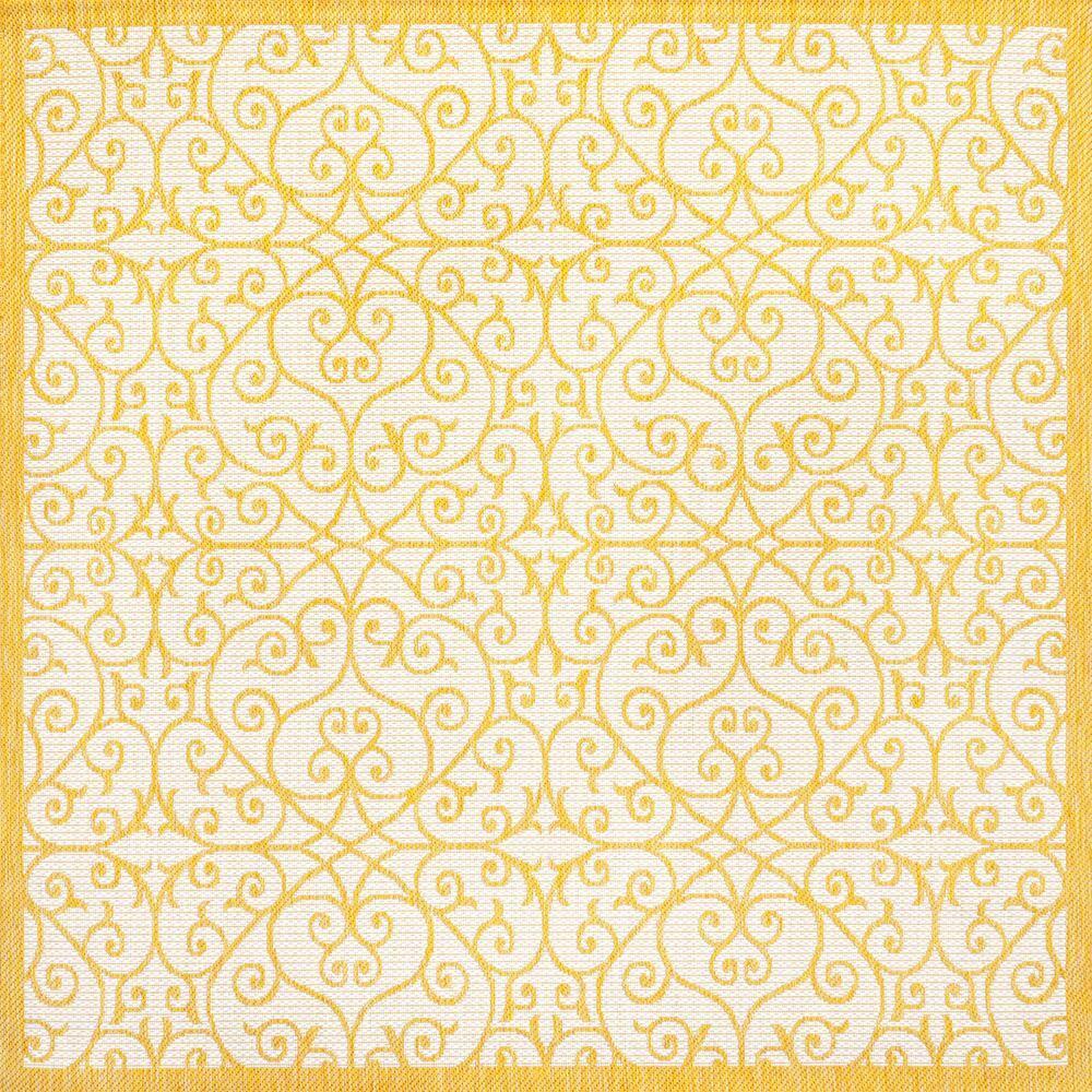 5' x 5' Madrid Vintage Filigree Textured Weave Indoor/Outdoor Area Rug, Cream/Yellow - JONATHAN Y