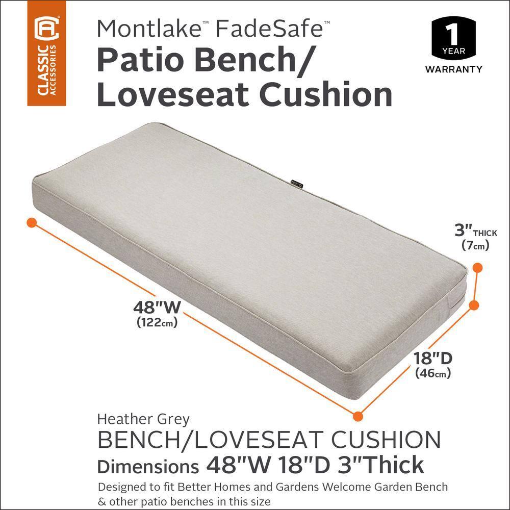 Classic Accessories Montlake FadeSafe Water-Repellent 48 x 18 x 3 Inch Outdoor Bench Cushion, Heather Grey