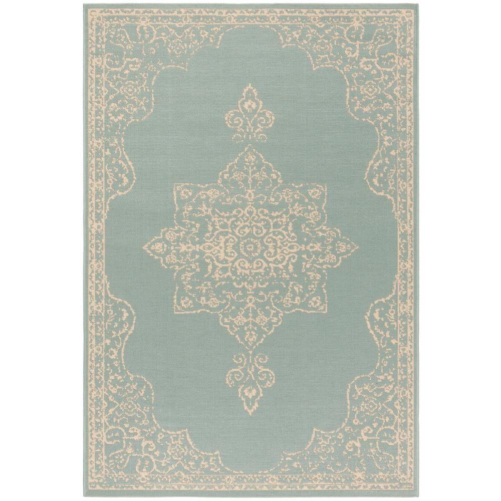 SAFAVIEH Beach House Janine Medallion Indoor/Outdoor Area Rug, Cream/Aqua, 2'2" x 4'