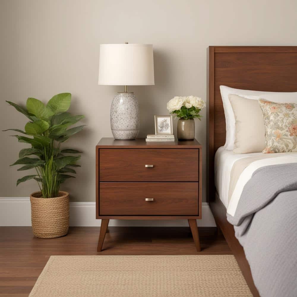 Milo Mid Century Modern 2 Drawer Nightstand Cherry - Prepac: Brushed Brass Knobs, Tapered Legs