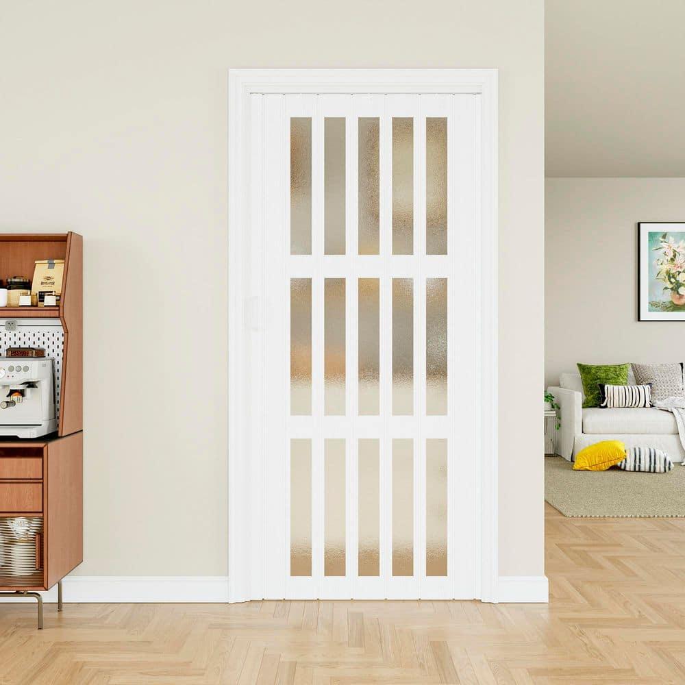 Upgrade Dual Layer Vinyl Accordion Door with Handles and Magnetic Door Lock, 4-Lite Frosted Acrylic Glass, White