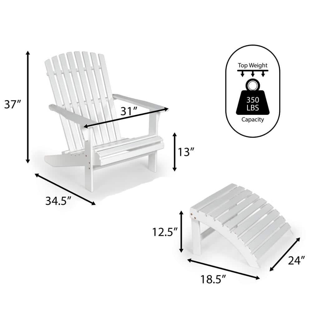 Saranac 2-Piece Traditional Rustic Acacia Wood Adirondack Chair with Detachable Ottoman, White - JONATHAN Y