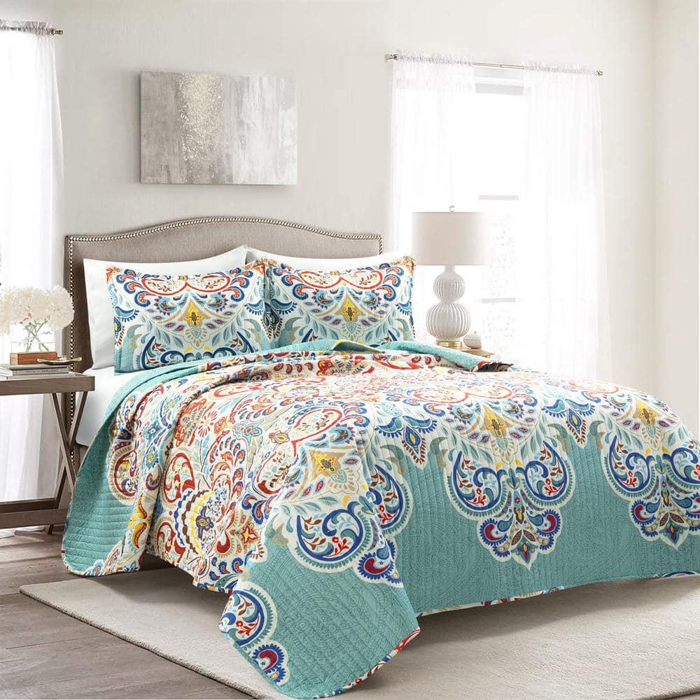 Lush Decor Boho Chic Reversible Oversized Cotton Quilt Seafoam/Red 3Pc Set Full/Queen