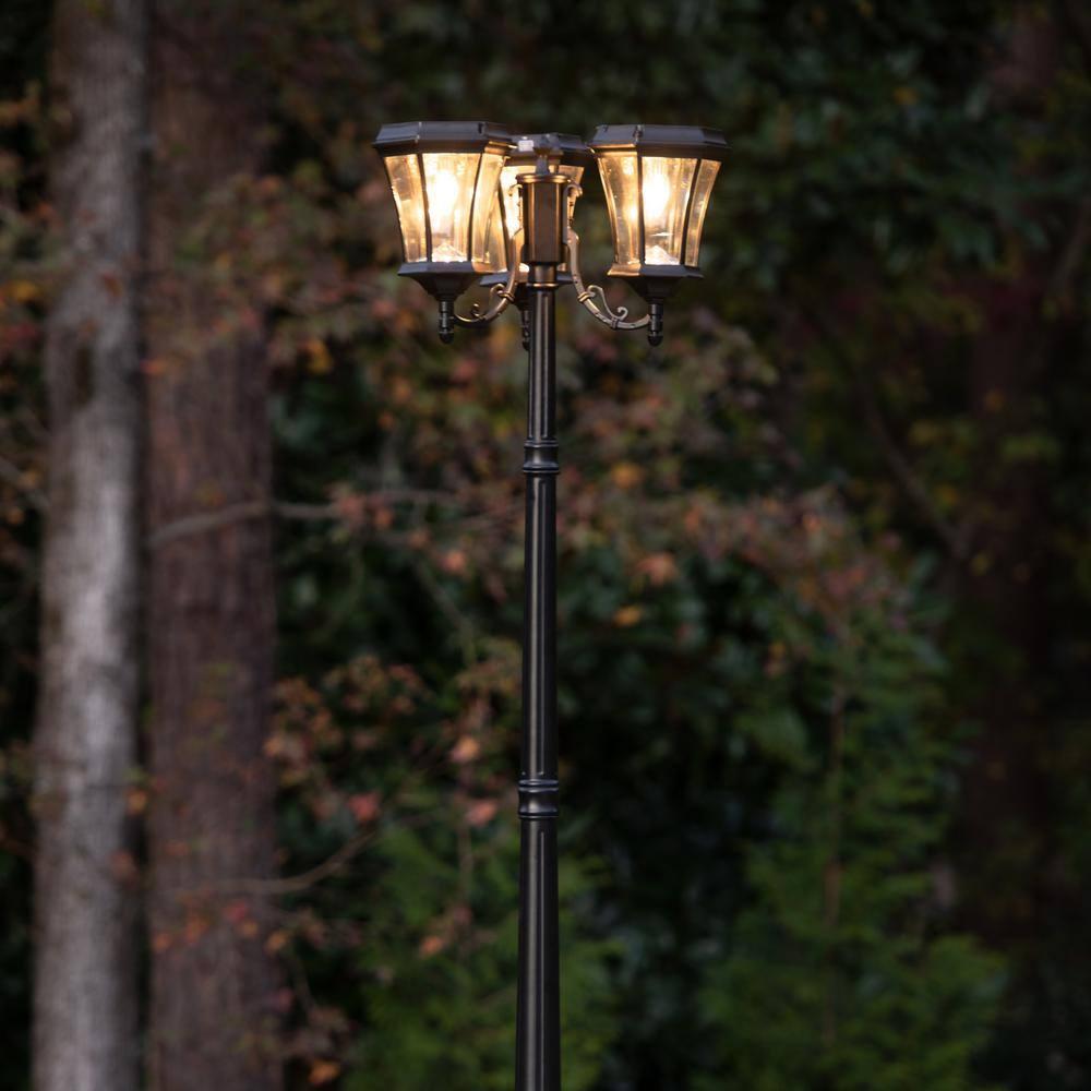 Victorian Bulb Series 3-Head Black Integrated LED Solar Outdoor Post Light