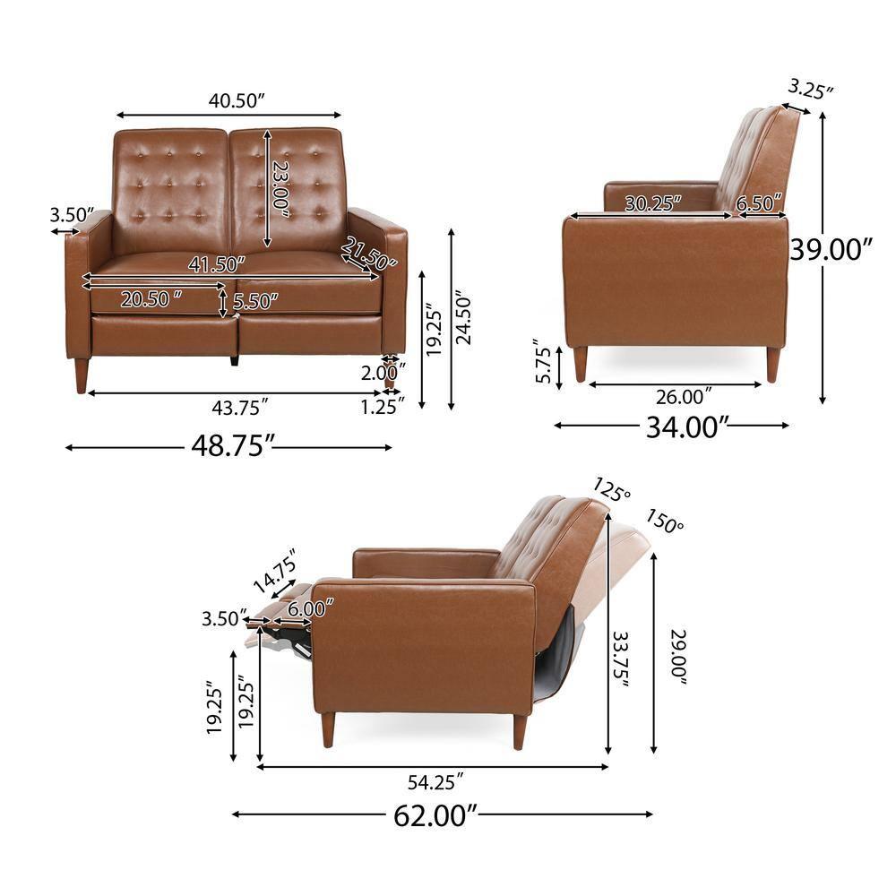Noble House Craigue Faux Leather Tufted Loveseat Pushback Recliner, Cognac Brown