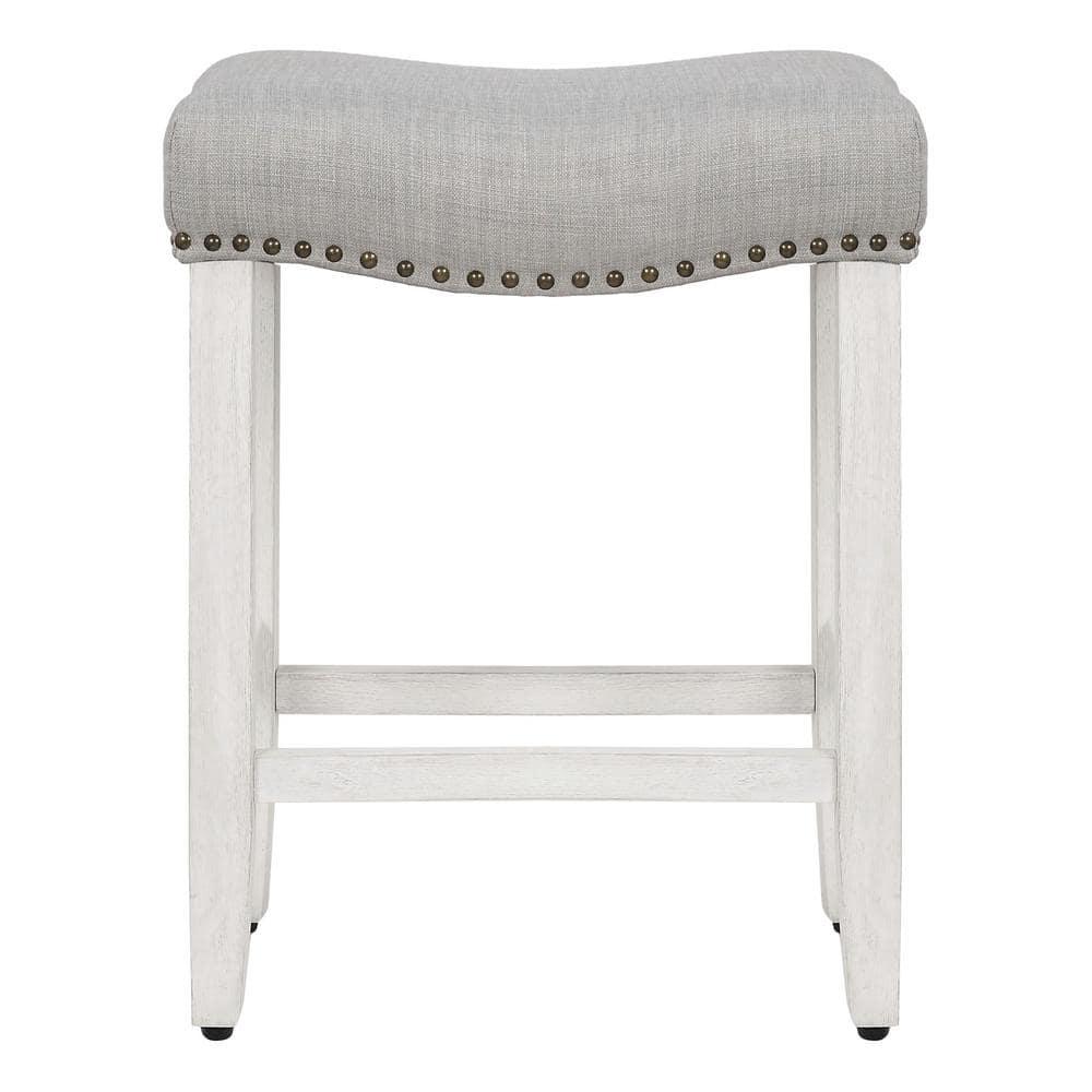 Polytrends Jameson Upholstered Polyester Antique White 24 Inch Counter Stool Antique White/Gray Wood Rubberwood Footrest Fabric Glam