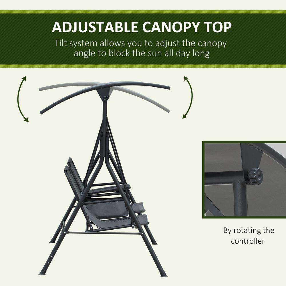 Arlmont & Co. Atay 2 Person Covered Porch Swing with Pivot Storage Table, Cup Holder, & Adjustable Overhead Canopy