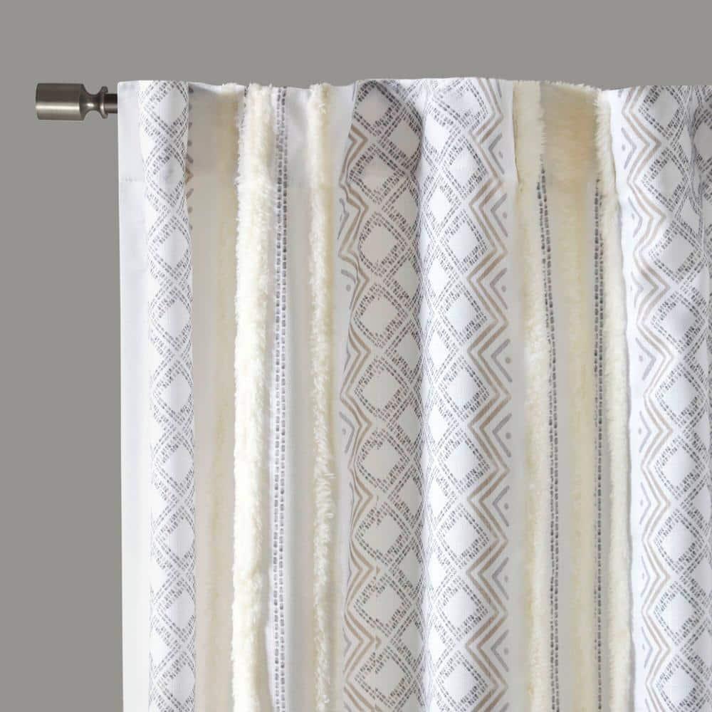 Ebby White and Taupe Geometric Velvet Polyester Window Panels