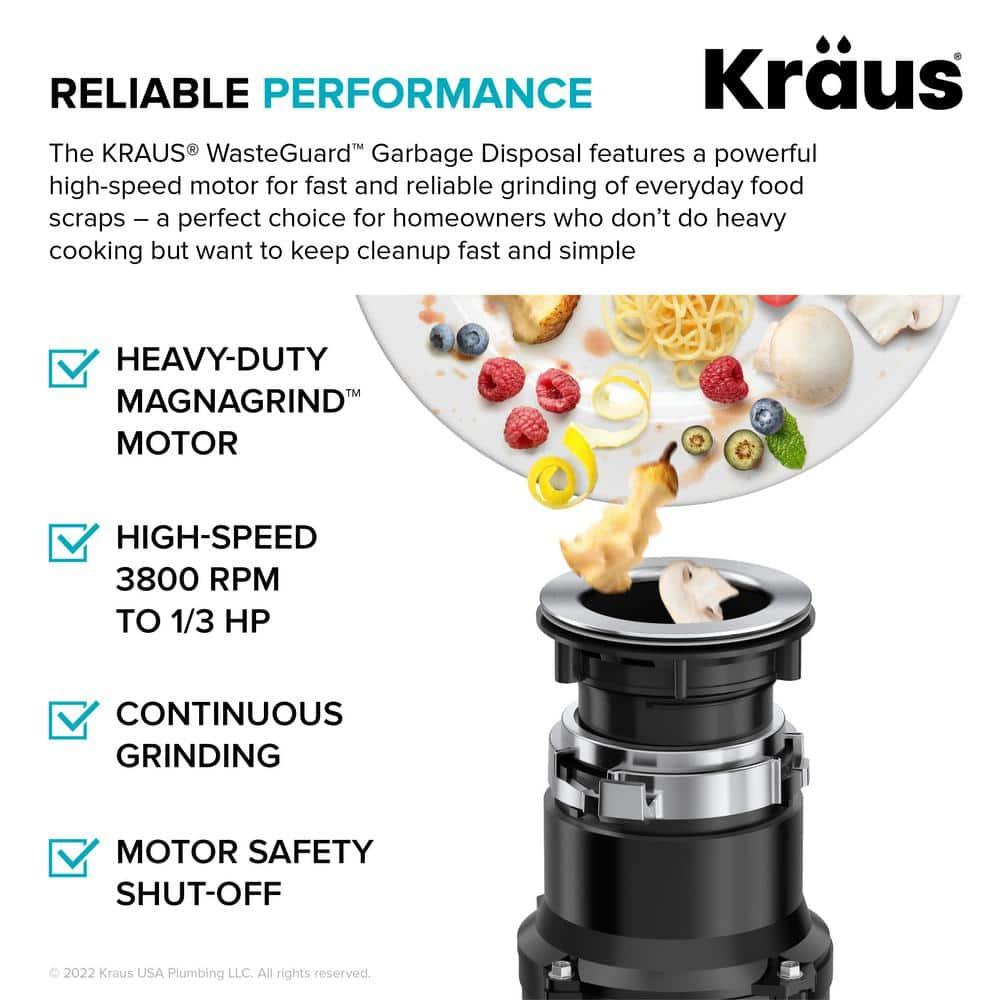Kraus 1/3 HP WasteGuard High-Speed Ultra-Quiet Motor Garbage Disposal with Quick Connect Mount