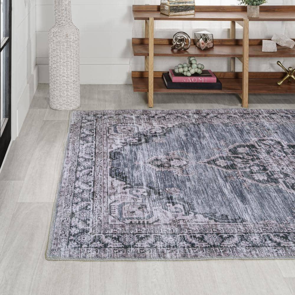 Wincer Chenille Cottage Medallion Machine-Washable Navy/Gray/Black 3 ft. x 5 ft. Area Rug - JONATHAN Y
