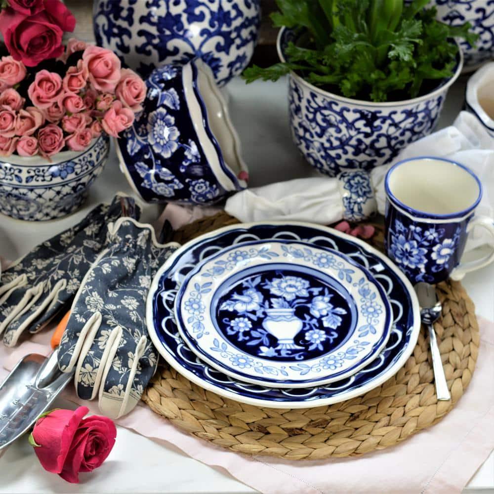 Euro Ceramica Blue Garden 16-Piece Hand-Painted Dinnerware Set- New