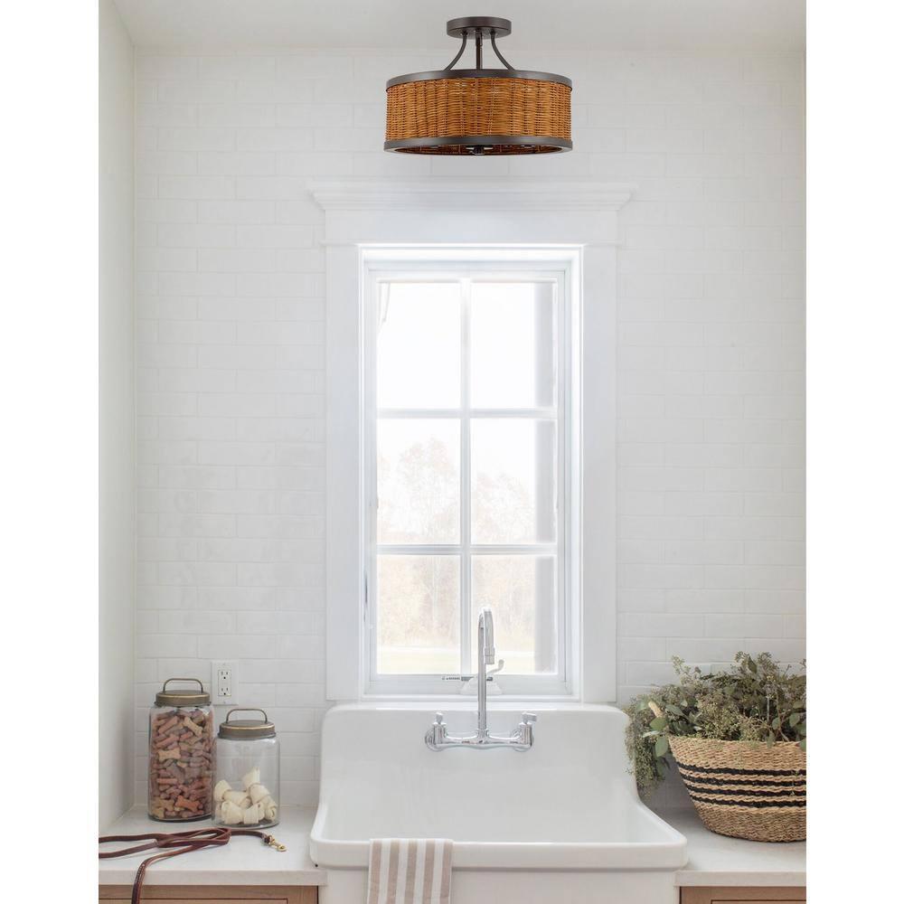 Kira Home Zora 15" 3-Light Modern Semi Flush Mount Ceiling Light + Rattan Wicker Drum Shade, Oil Rubbed Bronze Finish