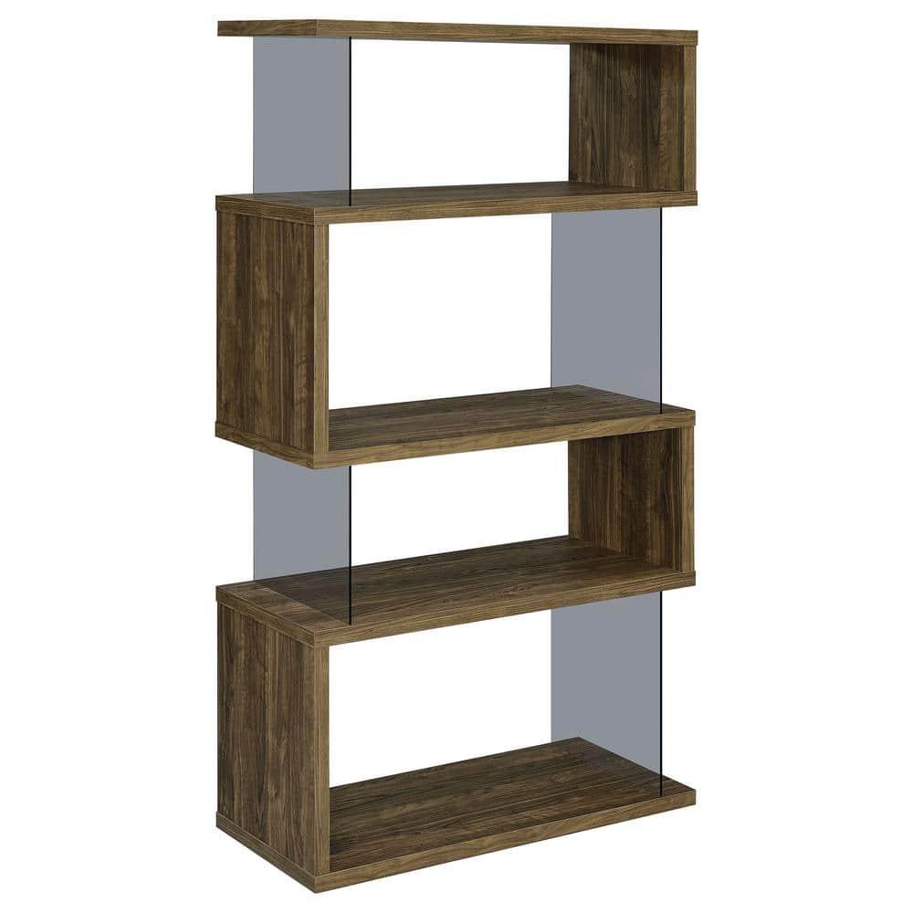 63" Emelle 4 Shelf Zig Zag Bookcase with Glass Panels Walnut - Coaster: Modern Laminated Storage Display