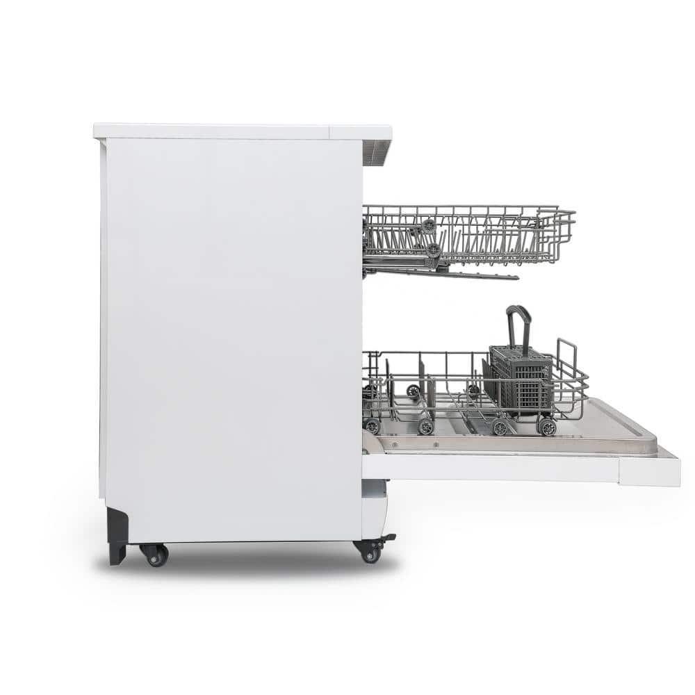 White Compact Portable Dishwasher with Stainless Steel Tub and Casters
