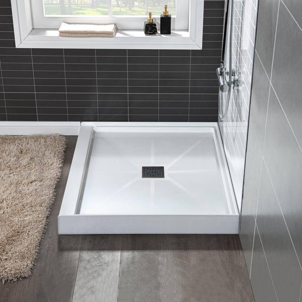 36" Solid Surface Square Single Threshold Shower Pan Base with Drain Assembly & Drain Cover Included, Non-Slip