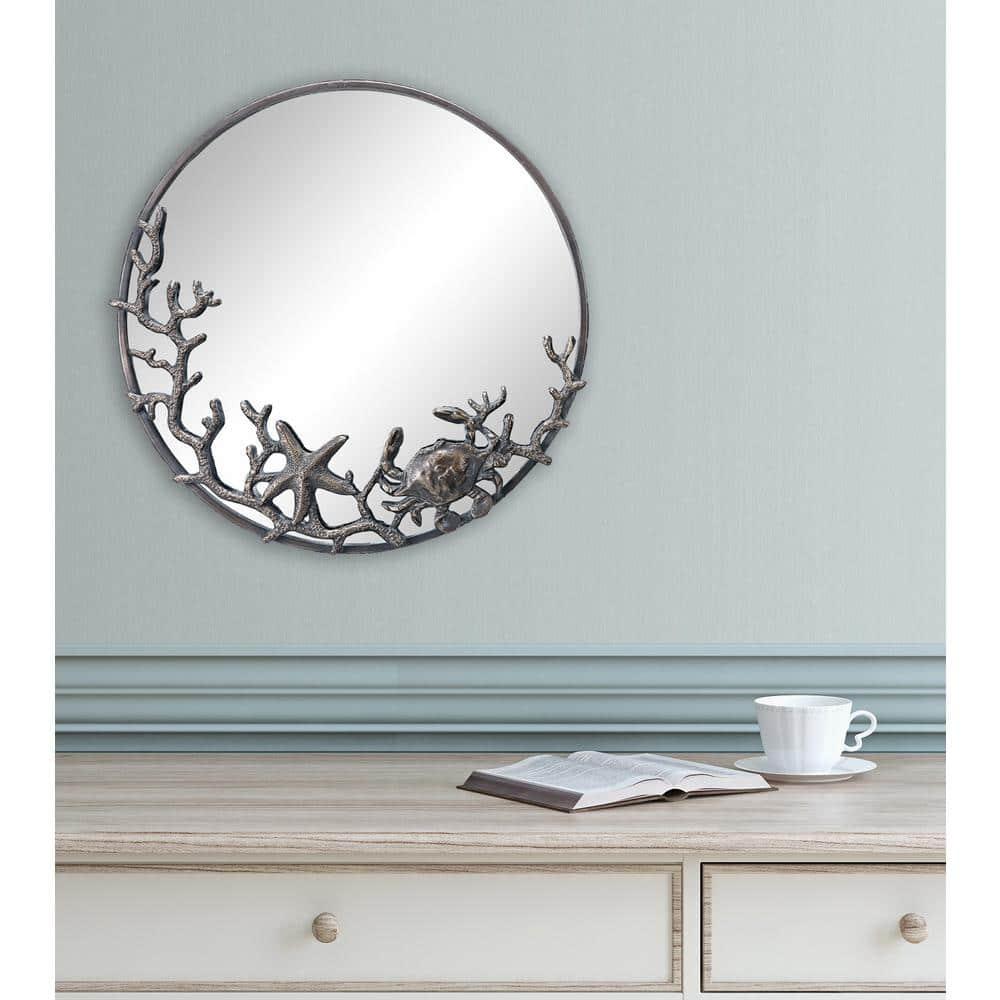 SPI Home Starfish and Crab Wall Mirror – 22" Round Cast Iron Frame with Coastal Marine Design, Rustic Bronze Sea Life Decor