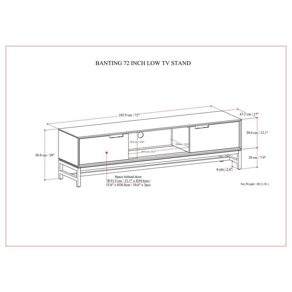 Simpli Home Banting 72"W Solid Hardwood Industrial Low TV Stand for TVs up to 80" with 2 Cabinets and Metal Base