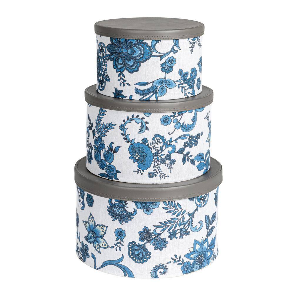 Floral Nestable Hat Boxes with Faux Leather Lids, Cream and Blue, Set of 3