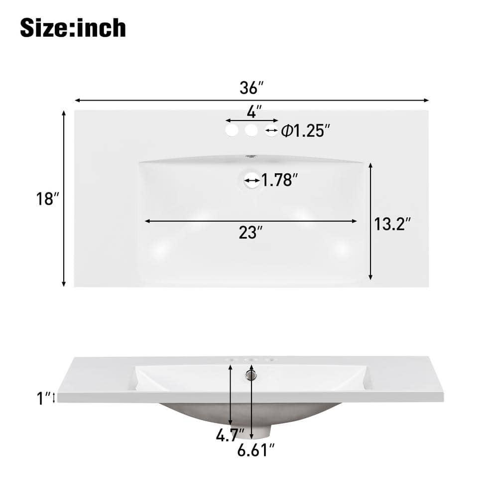 36" Countertop Bathroom Sink, Resin Bathroom Sink With Faucet Holes, Bathroom Vessel Sink, Stain-Resistant Countertop Basin, White