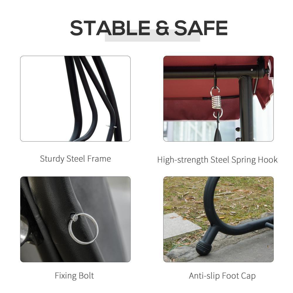 Outsunny 3 Seat Outdoor Free Standing Swing Bench Porch Swing with Stand, Comfortable Cushioned Fabric & Included Canopy, Red