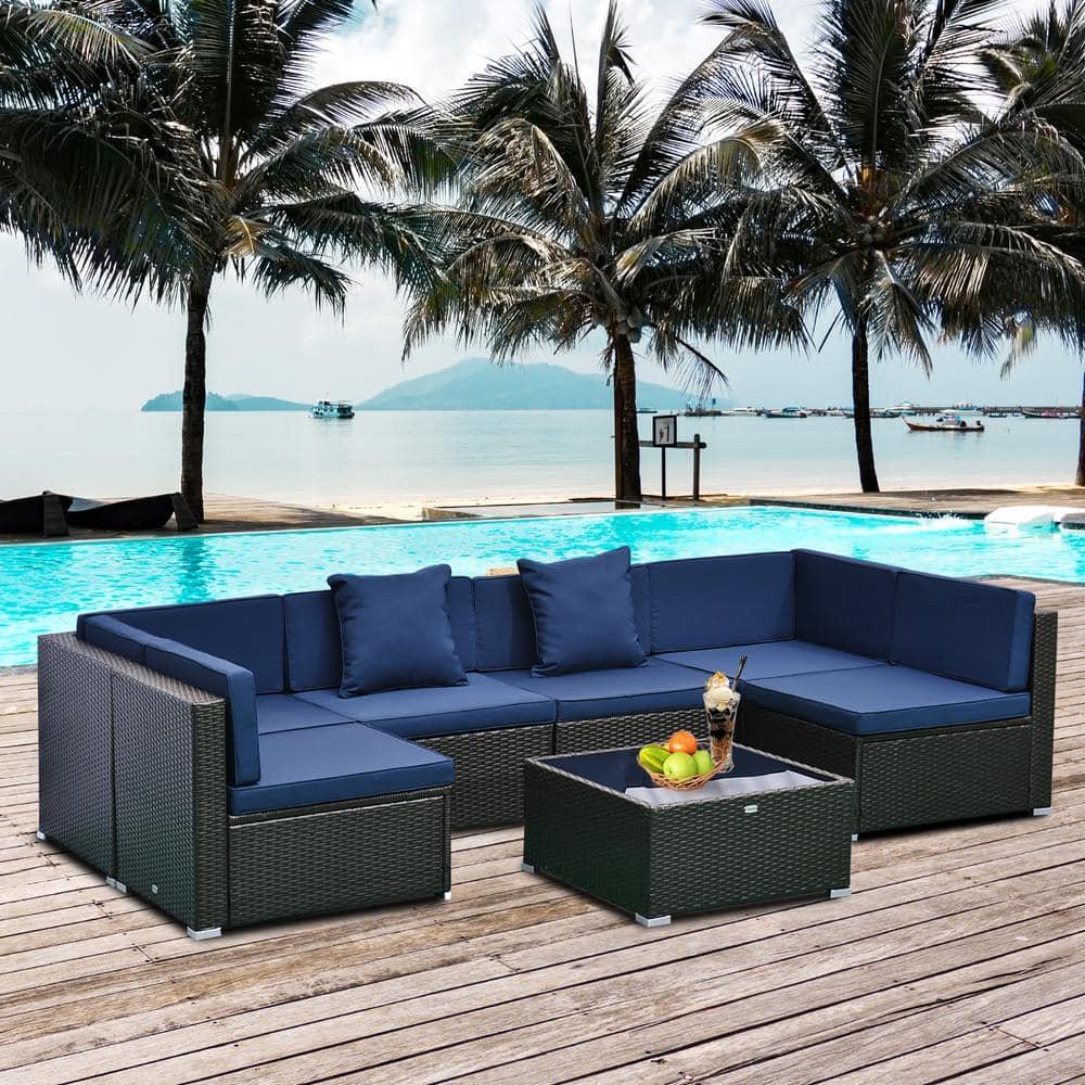 Outsunny 7 Piece Outdoor Patio Furniture Set, PE Rattan Wicker Sectional Sofa Set with Couch Cushions, Pillows, Coffee Table, Blue