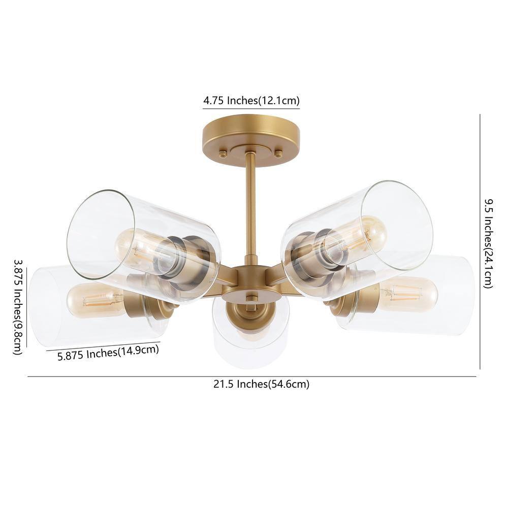 Jaynie 21.5" 5-Light Farmhouse Industrial Iron Cylinder LED Semi Flush Mount, Brass Gold/Clear